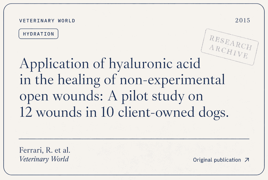 Ferrari, R. et al. "Application of hyaluronic acid in the healing of non-experimental open wounds: A pilot study on 12 wounds in 10 client-owned dogs."
